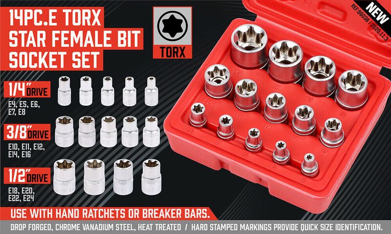 14pcs E Torx Star Female Bit Socket Set 1/2" 3/8" 1/4" Drive E4 -E24