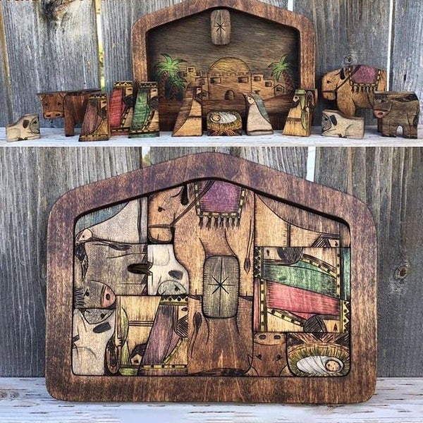 Jesus Nativity Puzzle Wood Burned Design Wooden Home Decoration L